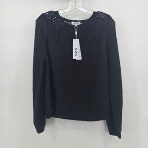 525 America Womens Black Open Knit Crochet Yoke Wool Blend Sweater Large